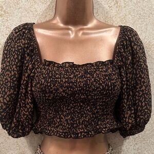 Smocked Square-Neck Puff Sleeve Crop Top - Brown on Black